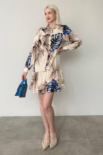 Saks Desenli Düğmeli Kısa Kadın Elbise MG2432 