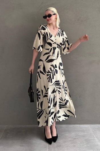 Ekru Desenli  Yarım Kollu Elbise MG2395