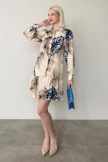 Saks Desenli Düğmeli Kısa Kadın Elbise MG2432 