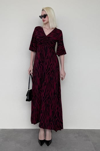 Bordo Zebra Desenli V Yaka Yarım Kollu Elbise MG2394