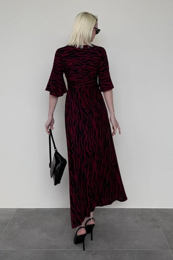 Bordo Zebra Desenli V Yaka Yarım Kollu Elbise MG2394