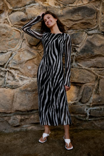 Gri Zebra Desenli Şifon Midi Elbise MG2854
