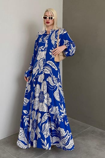 Saks Desenli Düğmeli Uzun Kollu Elbise MG2397