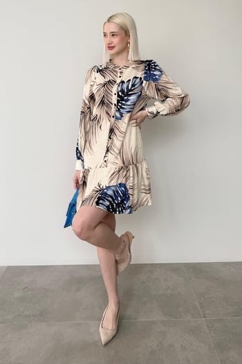Saks Desenli Düğmeli Kısa Kadın Elbise MG2432 