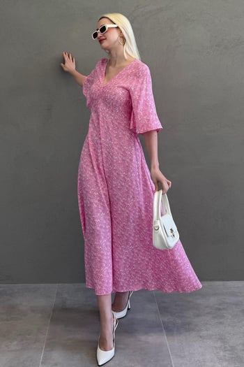 Pembe  Çiçek Desenli  Yarım Kollu Elbise MG2390