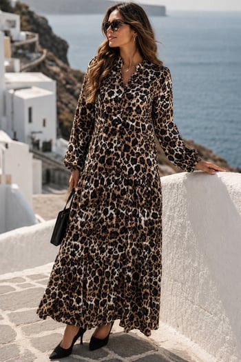 Kahverengi Leopar Desenli Düğmeli Kadın Elbise MG2399