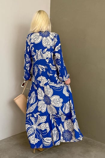 Saks Desenli Düğmeli Uzun Kollu Elbise MG2397