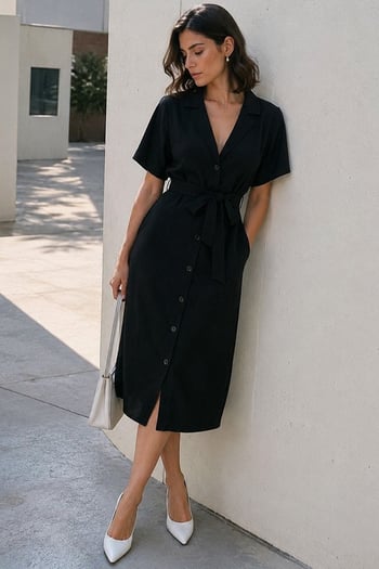 Siyah Gömlek Yaka Cep Detaylı Düğmeli Uzun Elbise MG2083