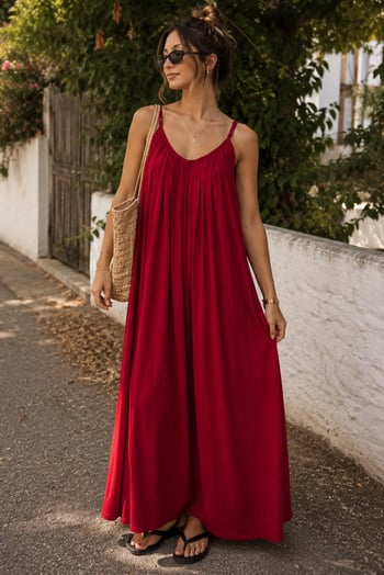 Bordo Halter Yaka Askılı Uzun Basic Kadın Elbise MG2163