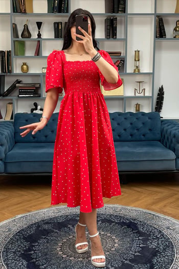 Kırmızı Desenli Belden Lastikli Midi Elbise - MG2101