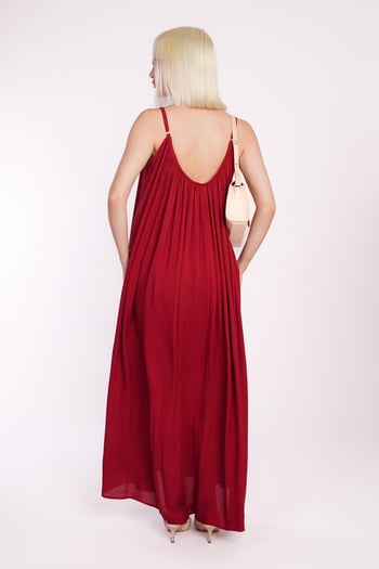 Bordo Halter Yaka Askılı Uzun Basic Kadın Elbise MG2163
