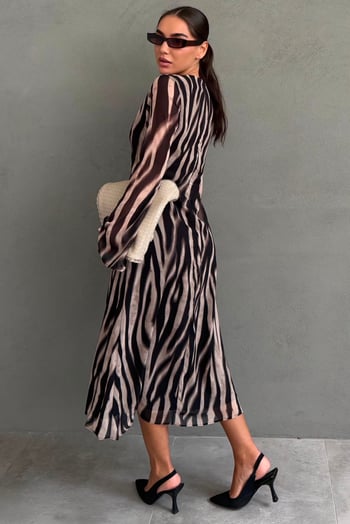 Bej Zebra Desenli Şifon Midi Elbise MG2854