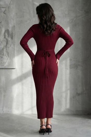 Bordo Vücuda Oturan Fitilli Triko Midi Kadın Elbise MG2691