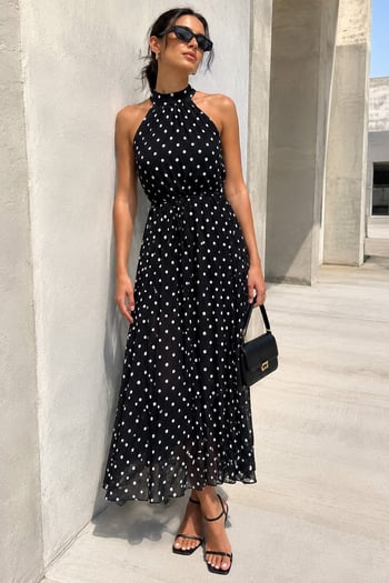 Siyah Puantiyeli Sıfır Kol Halter Yaka Elbise MG2134