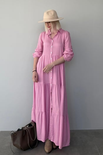 Pembe  Çizgili Düğmeli Uzun Elbise MG2392