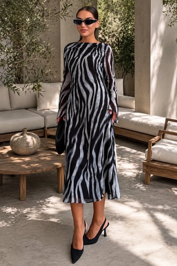 Gri Zebra Desenli Şifon Midi Elbise MG2854