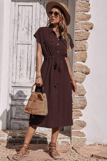 Bordo Gömlek Yaka Uzun Elbise MG1743