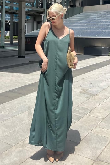Yeşil Askılı Oversize Uzun Elbise MG2038