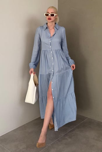 Mavi Çizgili Düğmeli Uzun Elbise MG2392
