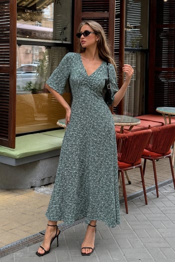 Mint Yeşili Çiçek Desenli  Yarım Kollu Elbise MG2390