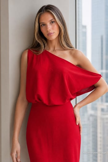 Madmext Kırmızı Düşük Omuz Elbise Mg2349