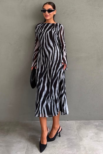 Gri Zebra Desenli Şifon Midi Elbise MG2854