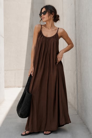 Acı Kahve Halter Yaka Askılı Uzun Basic Kadın Elbise MG2163
