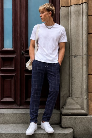 Madmext Navy Blue Checked Trousers Mad4081