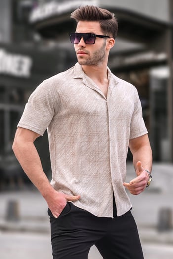 Erkek Bej Klasik Yaka Regular Fit Kısa Kollu Gömlek 5583