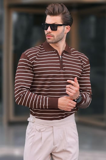 Kahverengi Polo Yaka Fermuarlı Örme Kazak 7243