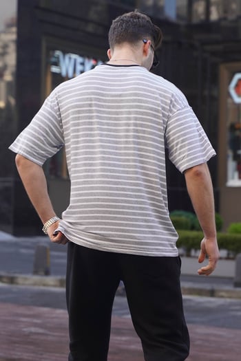 Erkek Gri Çizgili Basic Tişört 6084