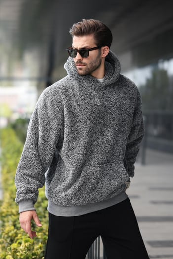 Gray Fur Hoodie Sweatshirt 6050