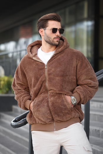 Kahverengi Peluş Over Fit Kapüşonlu Fermuarlı Erkek Sweatshirt 6049