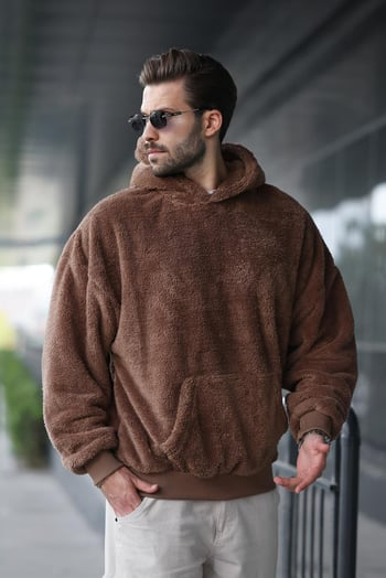 Kahverengi Peluş Kapüşonlu Erkek Sweatshirt 6050