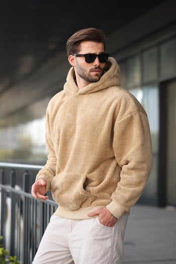 Bej Peluş Kapüşonlu Erkek Sweatshirt 6050