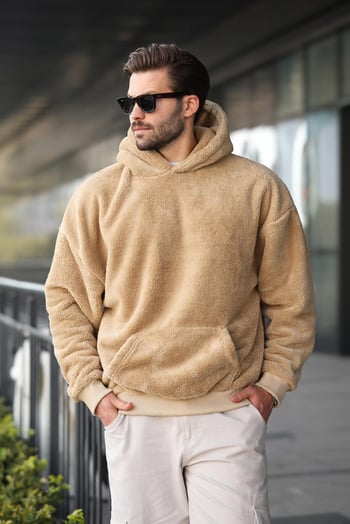 Bej Peluş Kapüşonlu Erkek Sweatshirt 6050