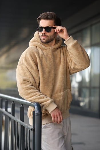 Bej Peluş Kapüşonlu Erkek Sweatshirt 6050