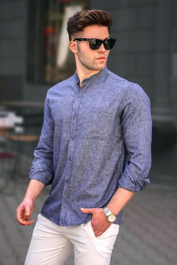Men Navy Blue Linen Shirt 5548