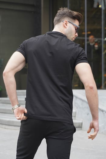 Erkek Siyah Basic Fermuarlı Polo Tişört 6076