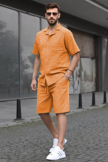 Erkek Turuncu Basic Oversize Gömlek Takımı 5588