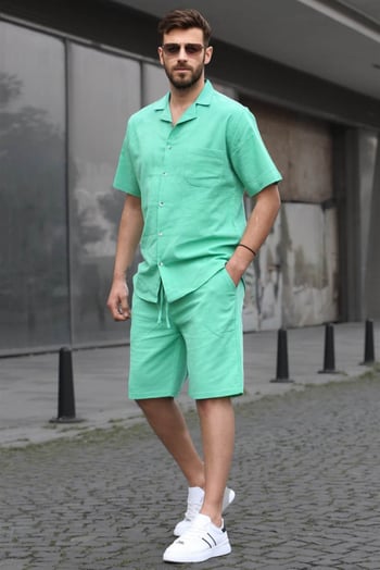 Erkek Yeşil Basic Oversize Gömlek Takımı 5588