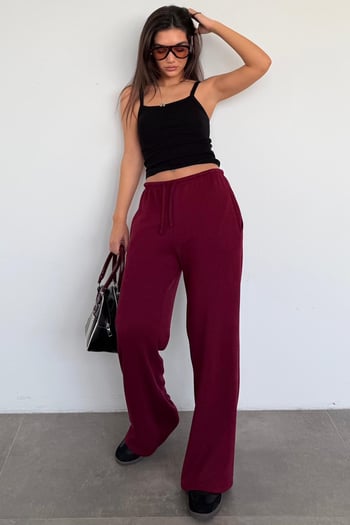 Bordo Geniş Paça Barrel Fit Eşofman Altı MG2646