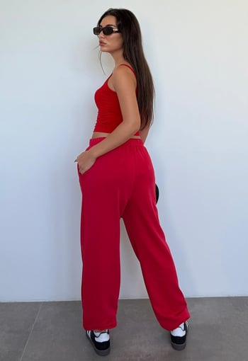 Kırmızı Paçası Manşetli Cepli Kadın Eşofman Altı Mg2540
