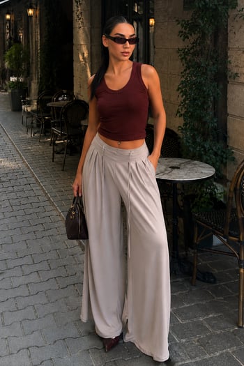 Bej Yüksek Bel Pileli Rahat Kesim Kadın Eşofman Altı MG2823
