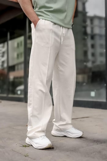 Ekru Önü Dikiş Detaylı Relaxed Fit Erkek Eşofman Altı E6590