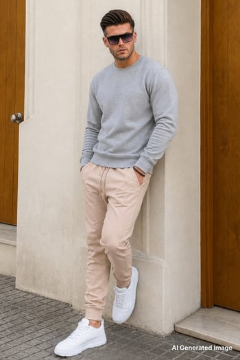 Madmext Men Elastic Bottom Beige Sweatpants 4821