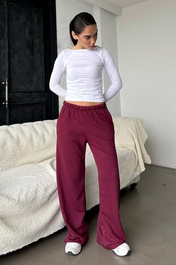 Bordo Bol Paça Kadın Eşofman Altı MG2279