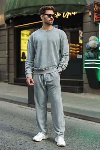 Gri Yıkamalı Bisiklet Yaka Regular Fit Erkek Sweat Eşofman Takım E7369