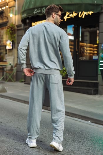 Gri Yıkamalı Bisiklet Yaka Regular Fit Erkek Sweat Eşofman Takım E7369