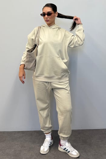 Mad Girls Bej Kapüşonlu Kadın Eşofman Takımı MG1225